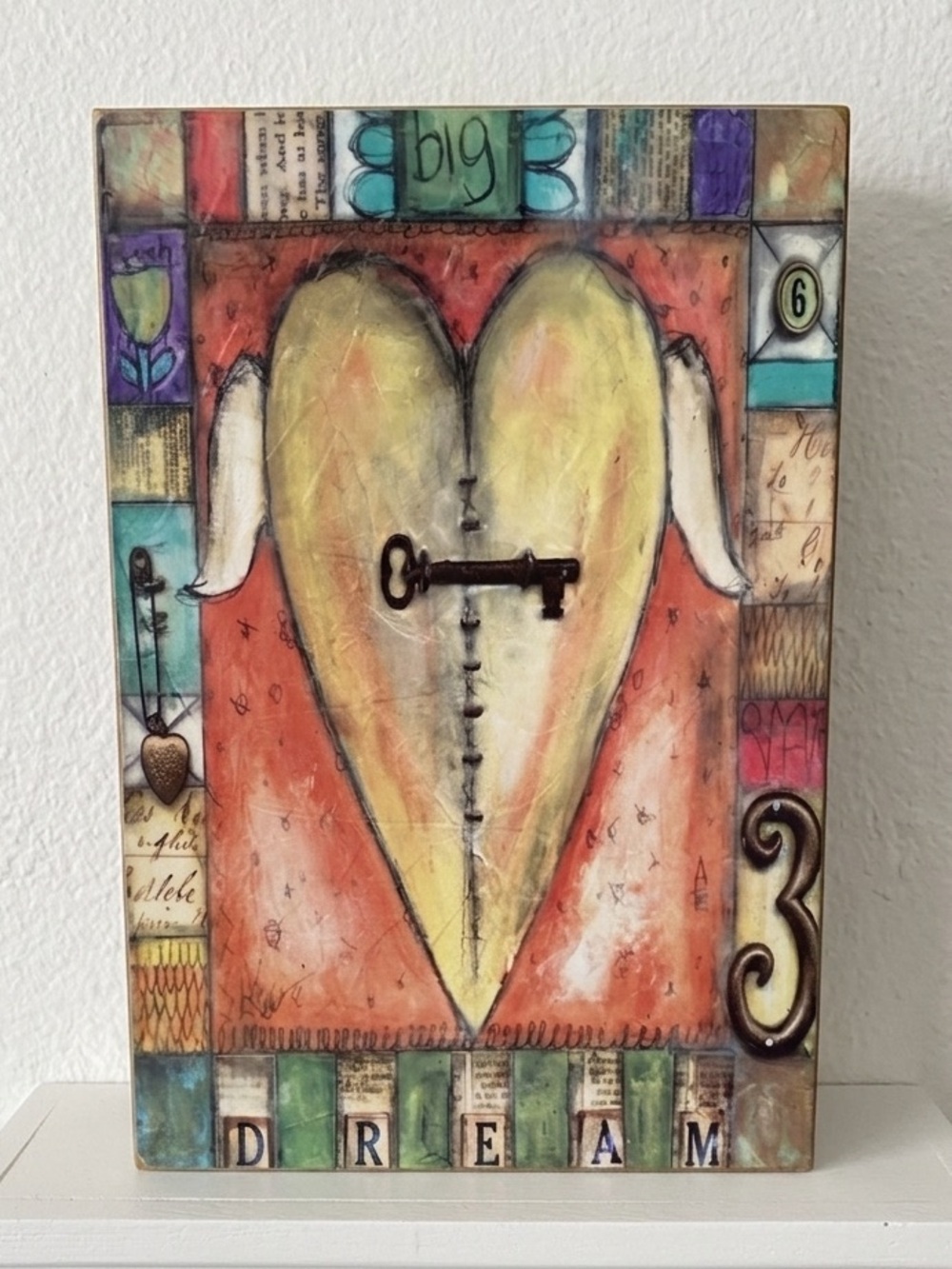Dream Big Wall Art Yellow Heart with Key Art Deco Whimsical Colorful Joyful Nest